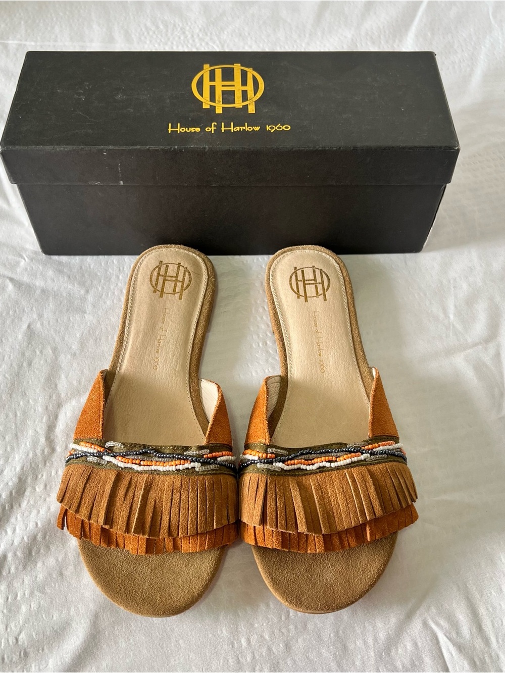 House of Harlow 1960 Mimi Cognac Suede Fringe Beaded Slide Mules